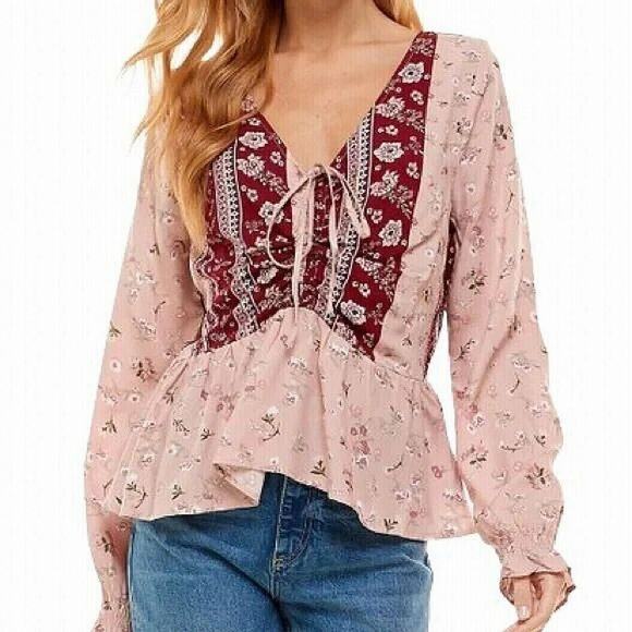 Derek Heart Boho Floral Peasant Blouse Top V-Neck Sz Medium Pink NWT - Picture 1 of 3
